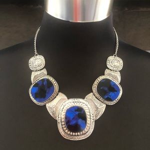Vintage 1980s Silver & Blue Bib Necklace, Boho Bold Tribal Ethnic